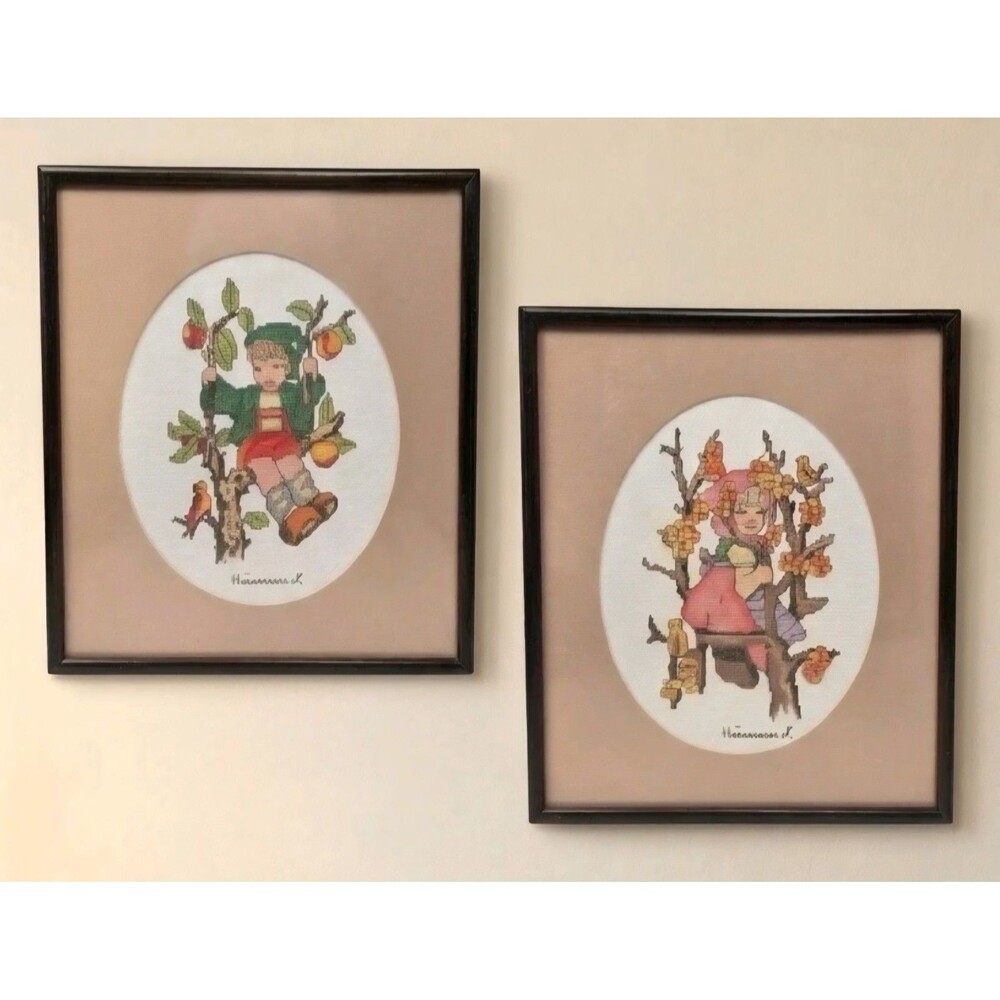 Vintage Hummel Cross Stitch Apple Tree Boy & Flower Tree Girl Framed Set of 2